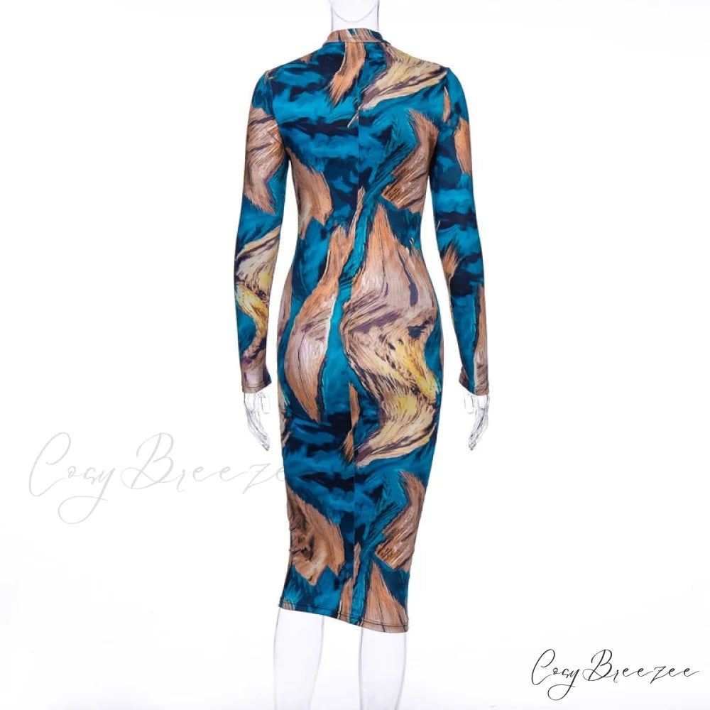Tie Dye Print Long Sleeve Bodycon Midi Dress