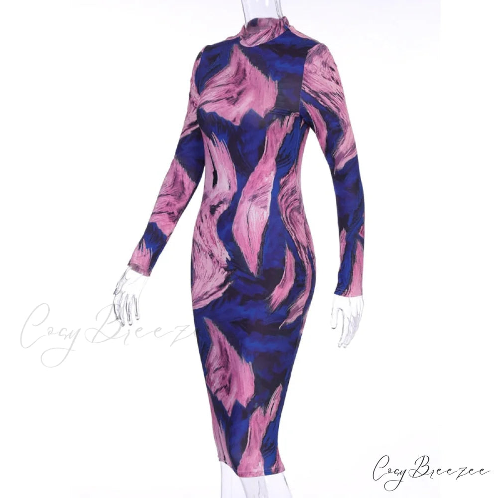 Tie Dye Print Long Sleeve Bodycon Midi Dress