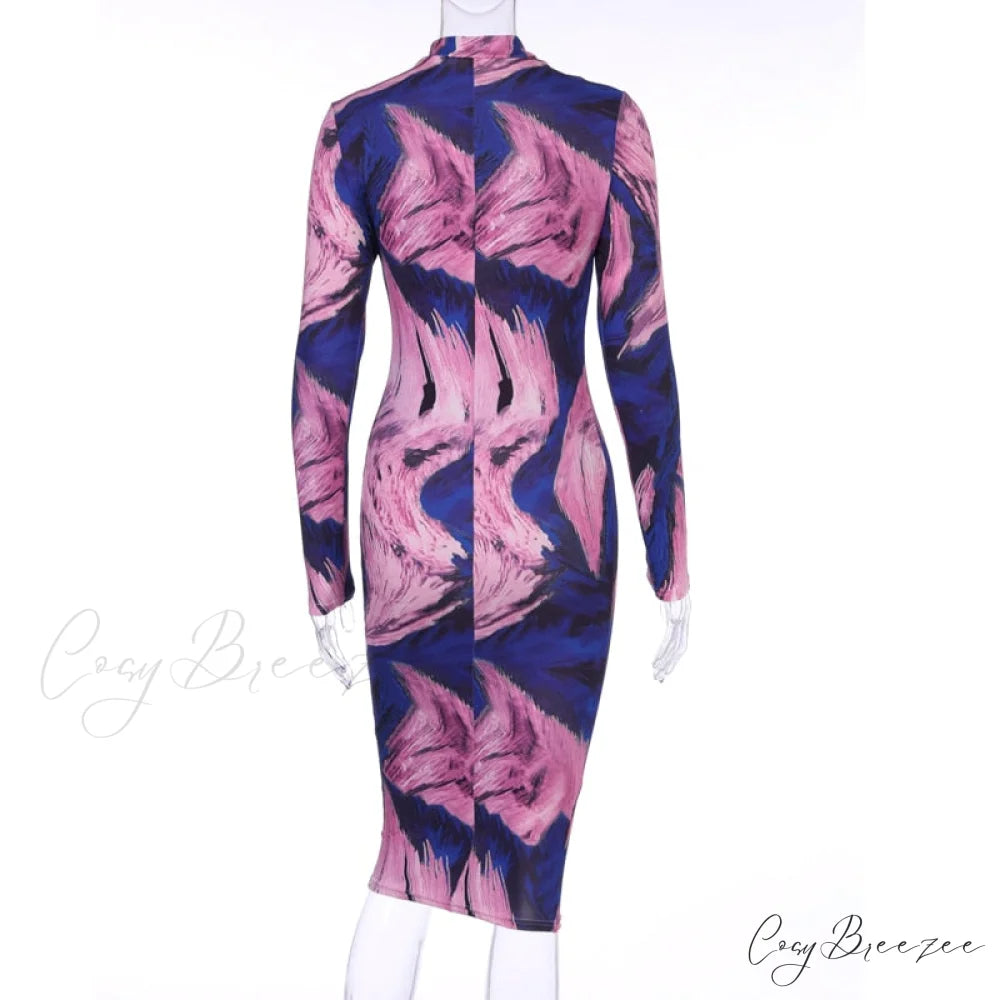 Tie Dye Print Long Sleeve Bodycon Midi Dress
