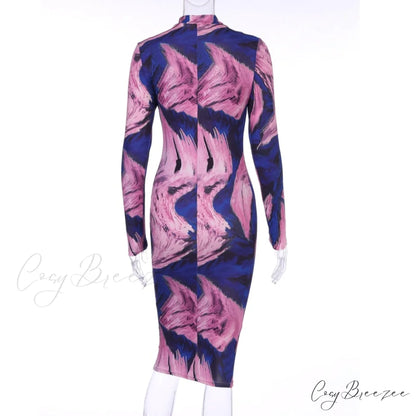 Tie Dye Print Long Sleeve Bodycon Midi Dress