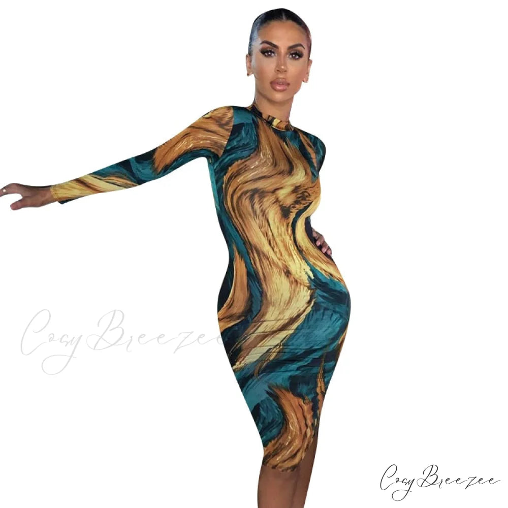 Tie Dye Print Long Sleeve Bodycon Midi Dress