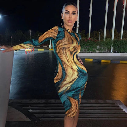 Tie Dye Print Long Sleeve Bodycon Midi Dress MULTI / M