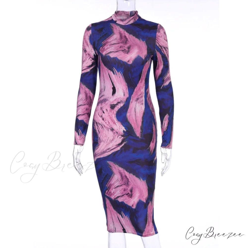 Tie Dye Print Long Sleeve Bodycon Midi Dress Purple / M