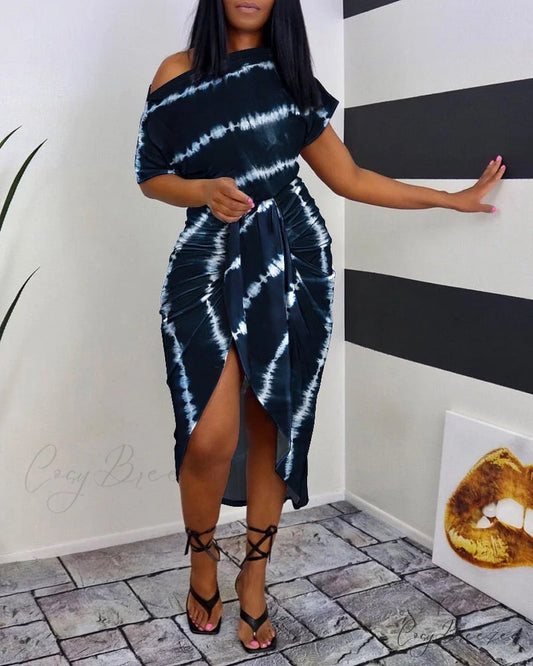 Tie Dye Print Ruched Slit Short Sleeve Casual Dress purple blue / S