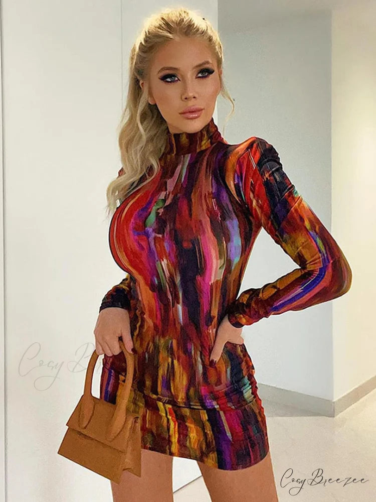 Tie Dye Print Women Long Sleeve Mini Dress Red / L