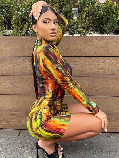 Tie Dye Print Women Long Sleeve Mini Dress Yellow / L