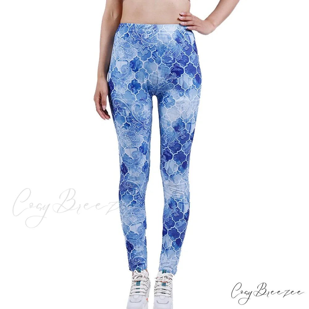 Tie Dye Printing Bottom Fitness Pants Sexy Trousers Gradient Blue Flower / S