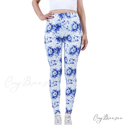 Tie Dye Printing Bottom Fitness Pants Sexy Trousers White Blue Floral / S