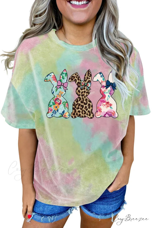 Tie-dye Rabbit Graphic with T-shirt Design Blue Pink / S