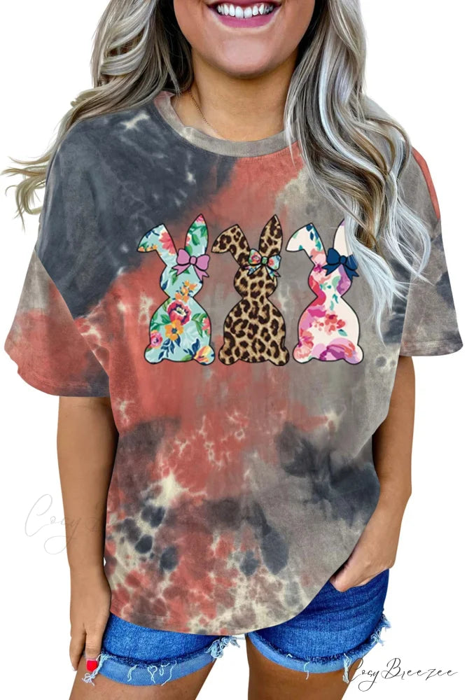 Tie-dye Rabbit Graphic with T-shirt Design Pink Grey / S