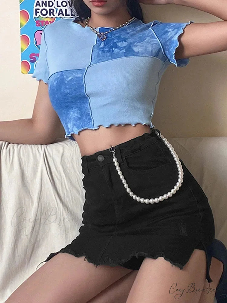 Tie-Dye Sequin Patch Crop Top Blue / S croptop-250223