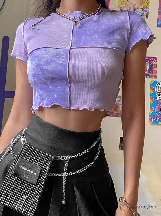 Tie-Dye Sequin Patch Crop Top PURPLE / S croptop-250223