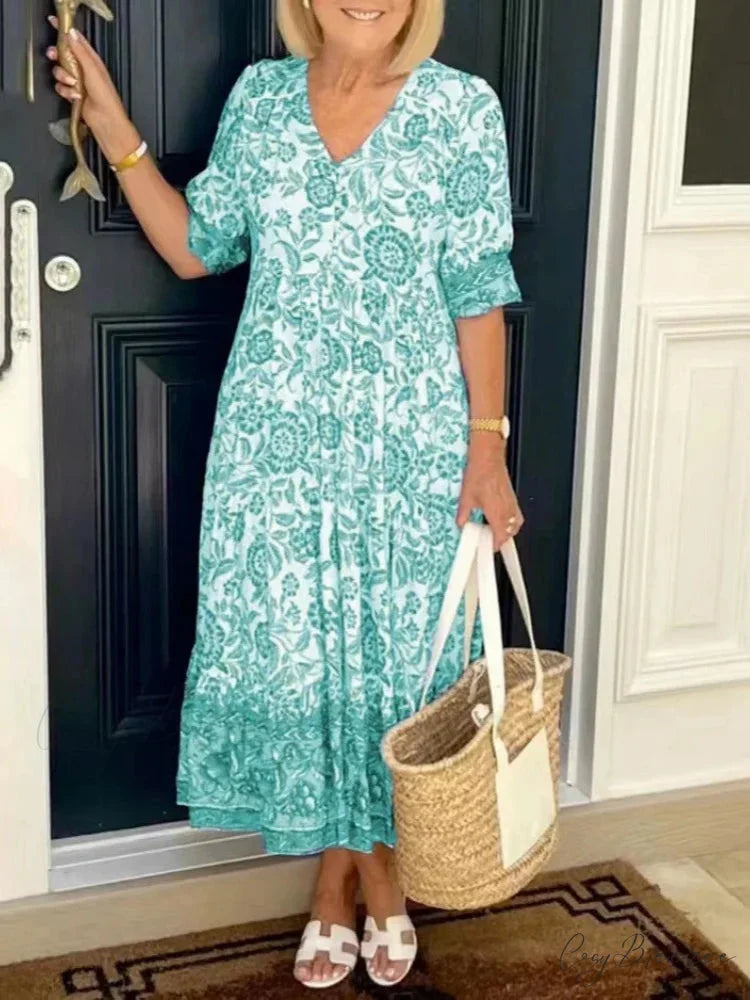 Tie-dye V-neck Floral Dress Plus Size Loose Summer Dress SKY BLUE / S oldfloraldress-250126