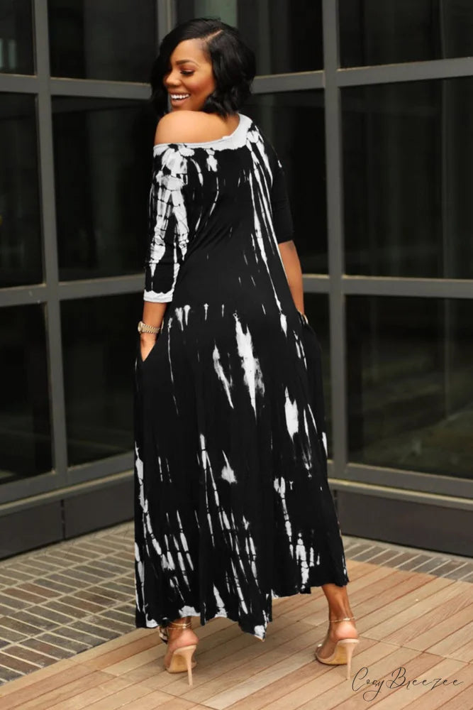 Tie-dyed Drop Shoulder Dress Black / 2XL