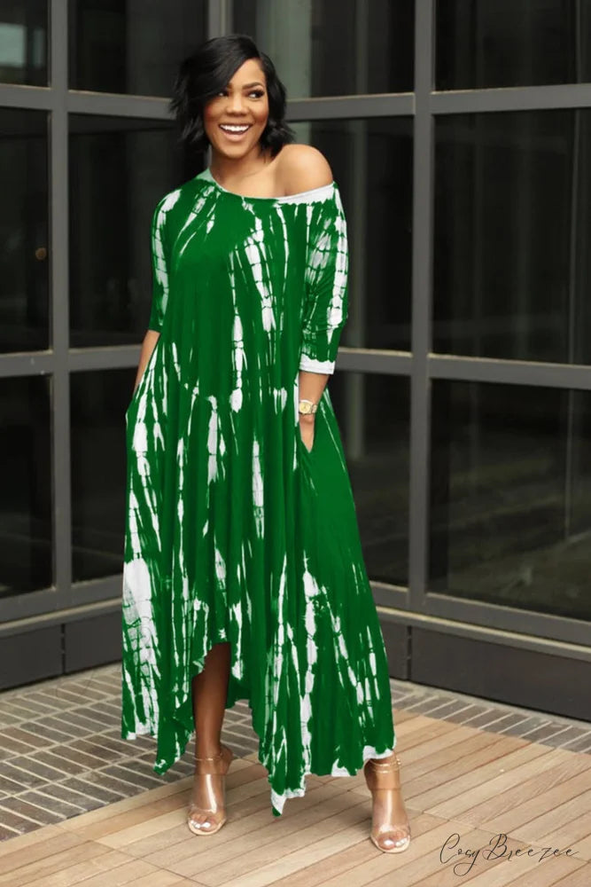 Tie-dyed Drop Shoulder Dress Green / S