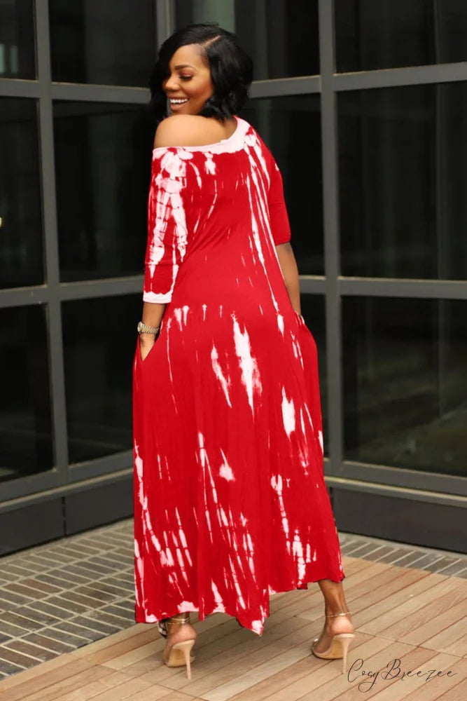 Tie-dyed Drop Shoulder Dress Red / 2XL