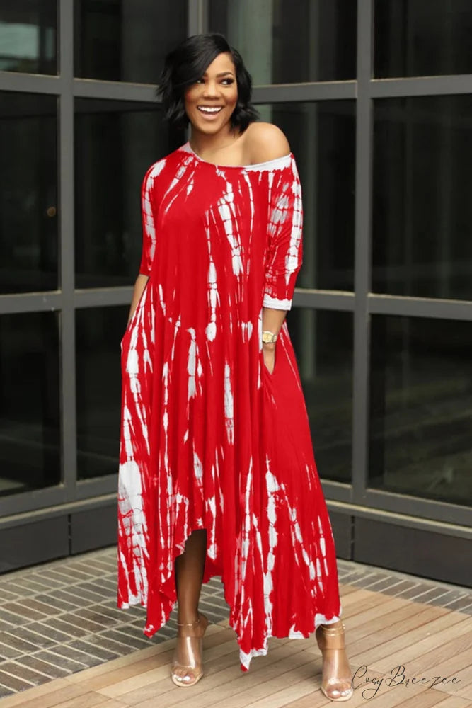 Tie-dyed Drop Shoulder Dress Red / S