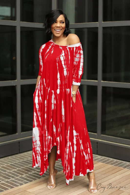 Tie-dyed Drop Shoulder Dress Red / S