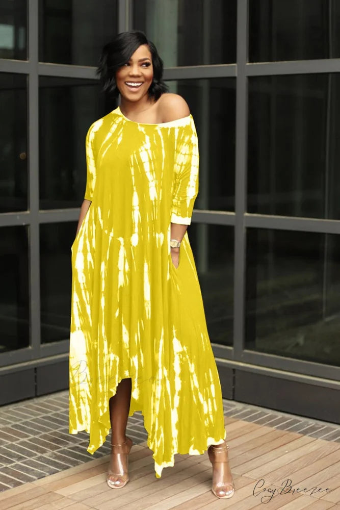 Tie-dyed Drop Shoulder Dress Yellow / S