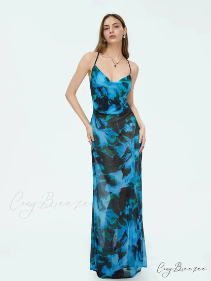 Tie-dyed Suspender Backless Floral Dress floraldress-250126
