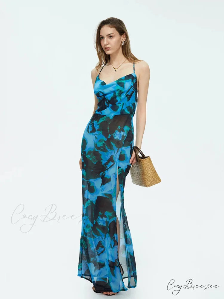 Tie-dyed Suspender Backless Floral Dress floraldress-250126