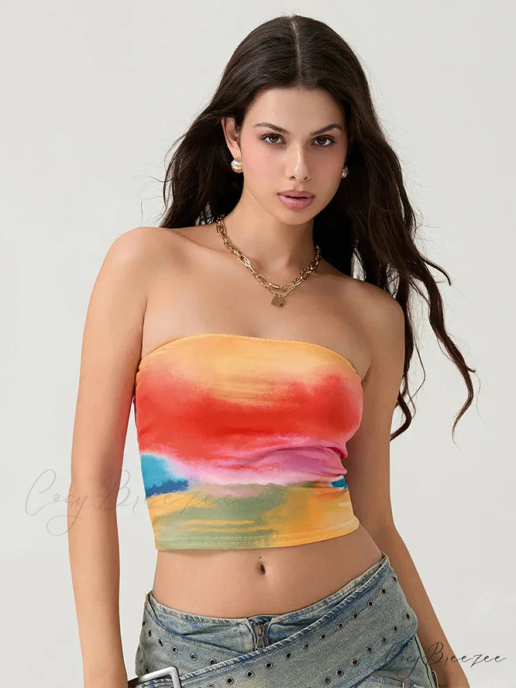 Tie-dyed Wrap Strapless Sleeveless Off-shoulder Tube Top MULTI / S croptop-250126