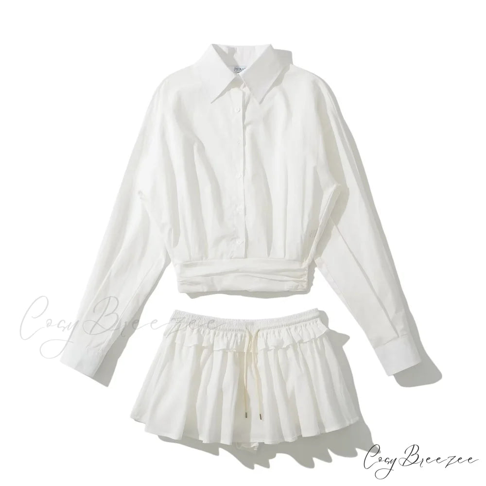 Tie-Front Shirt Skirt Suit WHITE / S