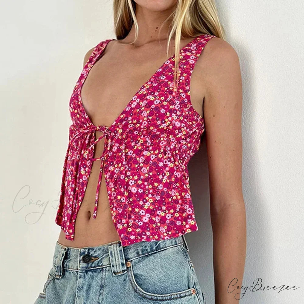 Tie Front Underbust Drawcord Floral Print V Neck Sleeveless Fairy Backless Crop Top croptop-250126