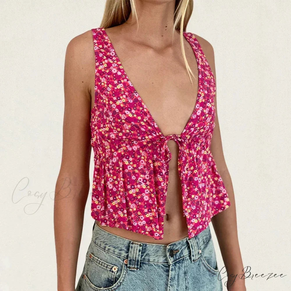 Tie Front Underbust Drawcord Floral Print V Neck Sleeveless Fairy Backless Crop Top RED / S croptop-250126