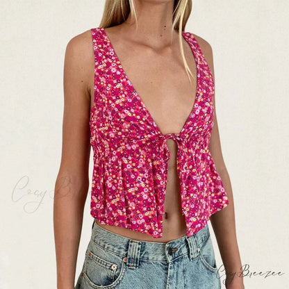 Tie Front Underbust Drawcord Floral Print V Neck Sleeveless Fairy Backless Crop Top RED / S croptop-250126