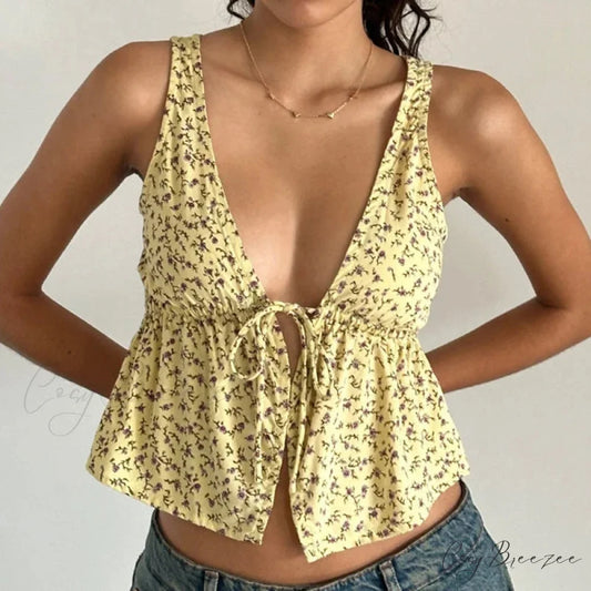 Tie Front Underbust Drawcord Floral Print V Neck Sleeveless Fairy Backless Crop Top YELLOW / S croptop-250126