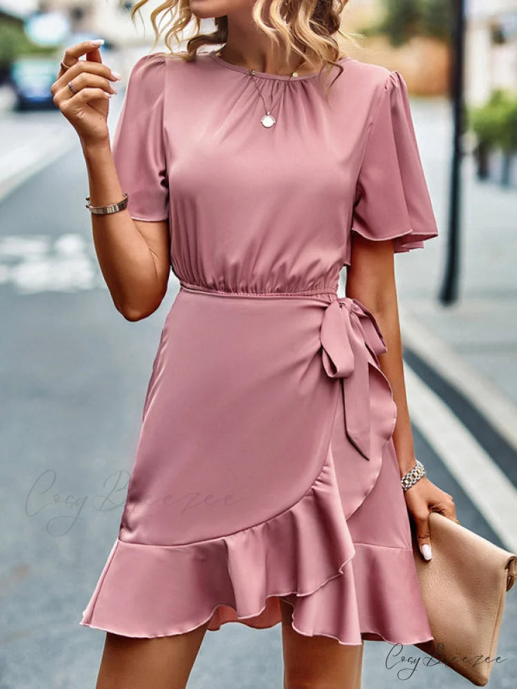 Tie Gown Color Solid Ruffle Waist for Women
