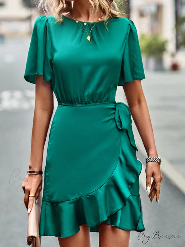 Tie Gown Color Solid Ruffle Waist for Women