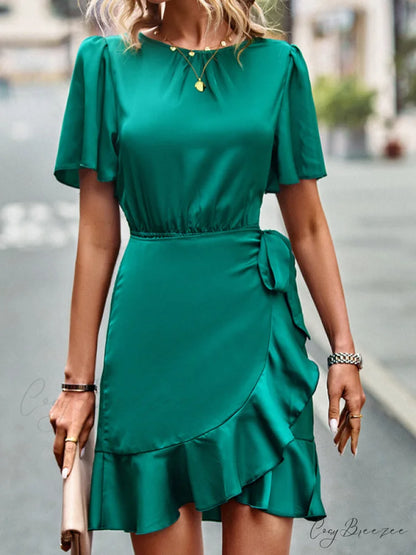 Tie Gown Color Solid Ruffle Waist for Women
