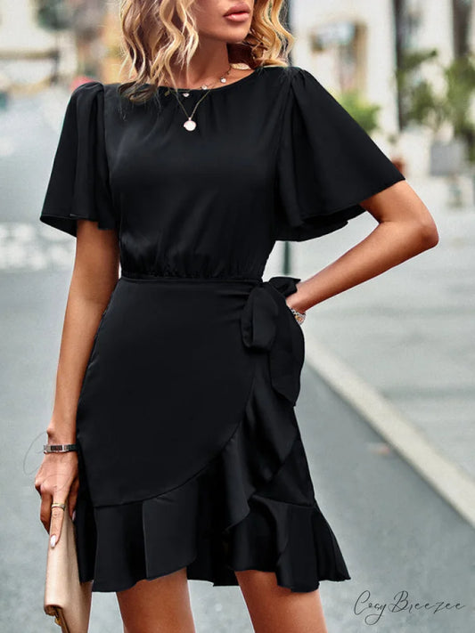 Tie Gown Color Solid Ruffle Waist for Women Black / S