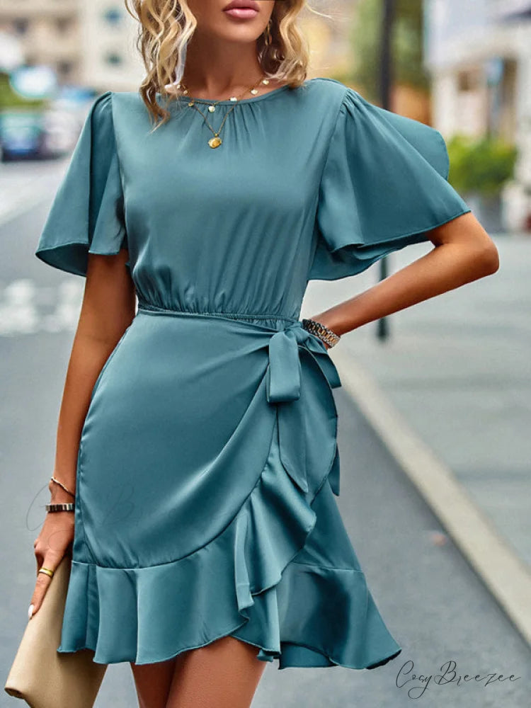 Tie Gown Color Solid Ruffle Waist for Women Blue / S