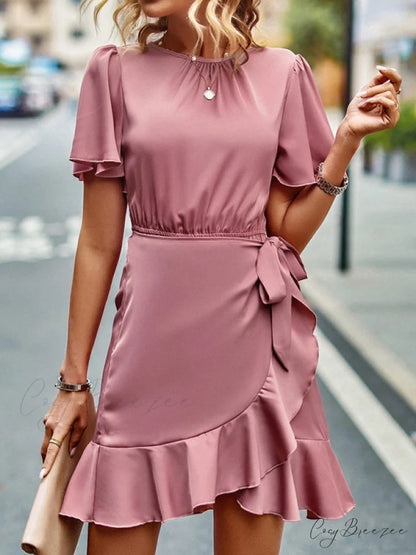 Tie Gown Color Solid Ruffle Waist for Women Pink / S
