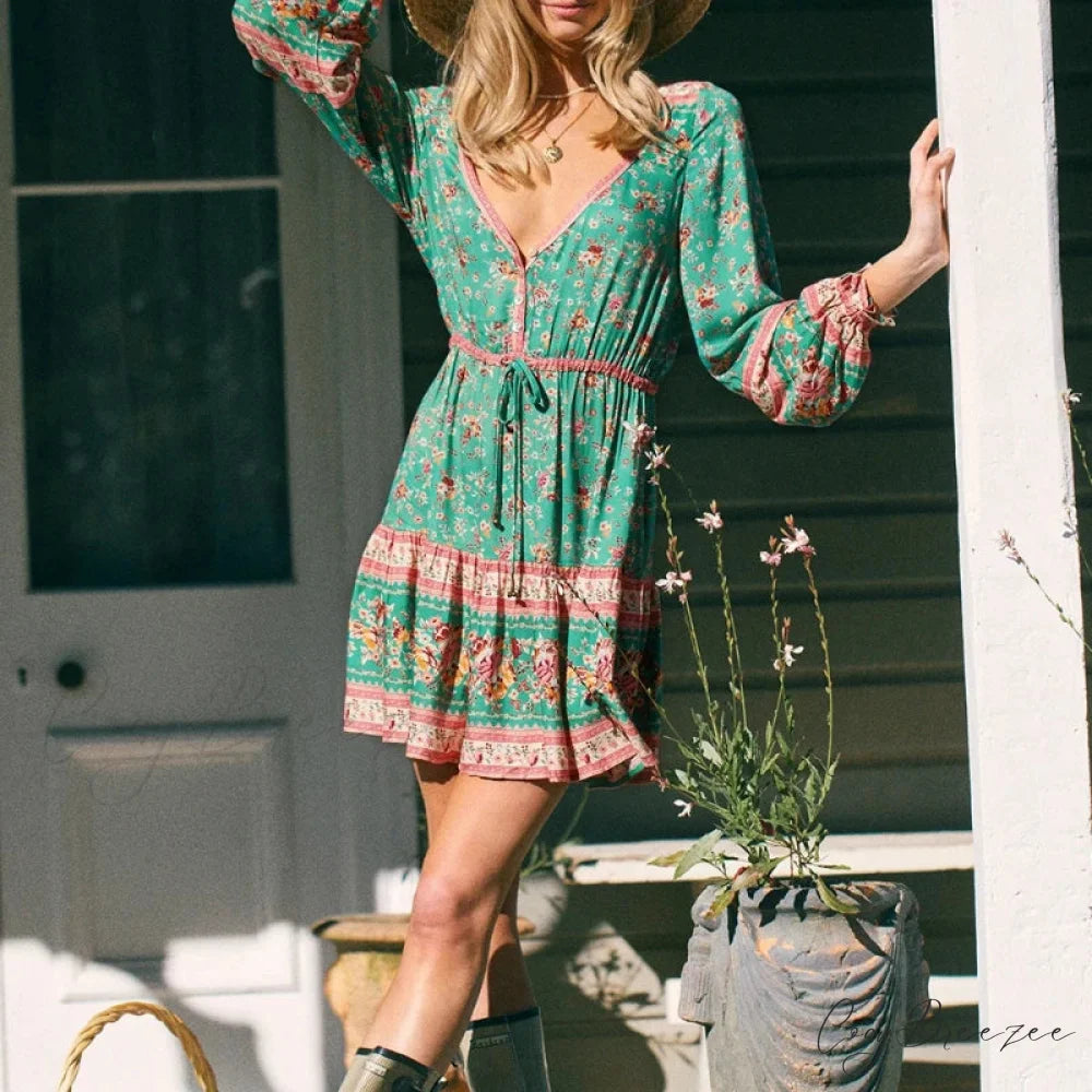 Tie Neck Floral Print Long Sleeve Ethnic Cotton Mini Dress Green / S bohodress-250126