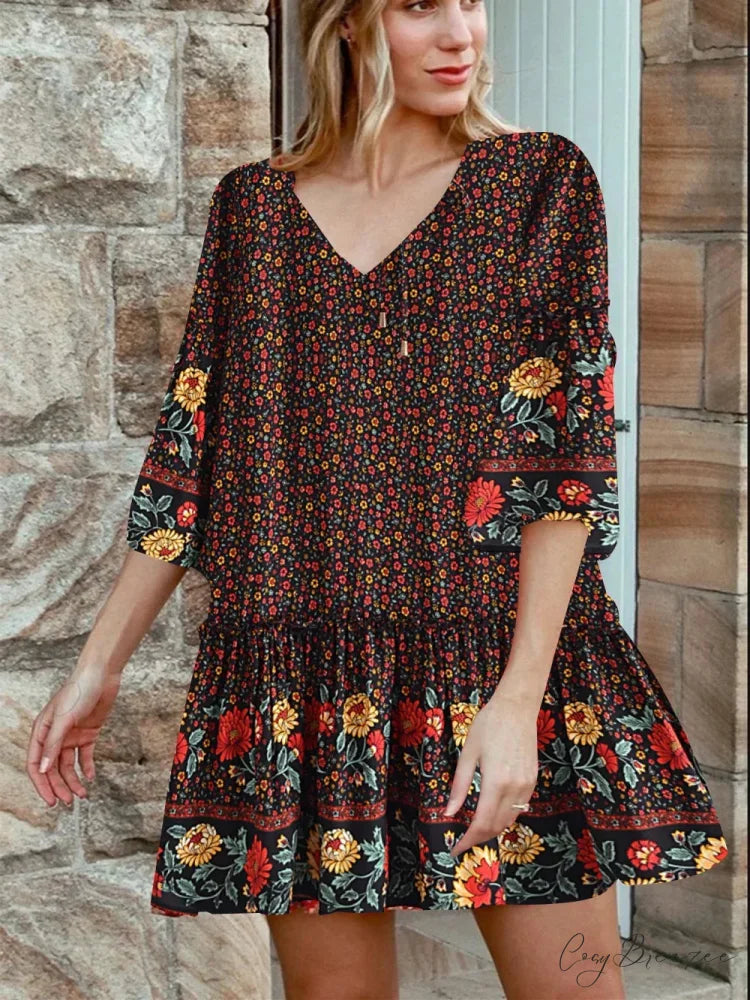 Tie Neck Ruffles Floral Print Rayon Summer Mini Dress Black / S bohodress-250126