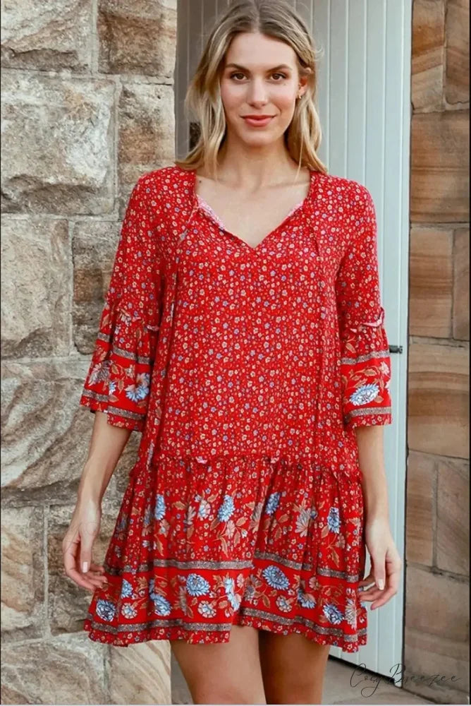Tie Neck Ruffles Floral Print Rayon Summer Mini Dress bohodress-250126