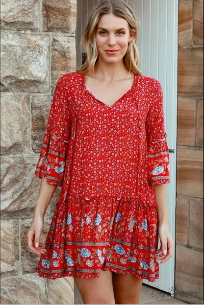 Tie Neck Ruffles Floral Print Rayon Summer Mini Dress bohodress-250126