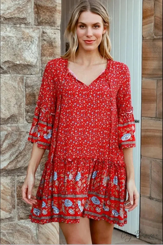Tie Neck Ruffles Floral Print Rayon Summer Mini Dress bohodress-250126