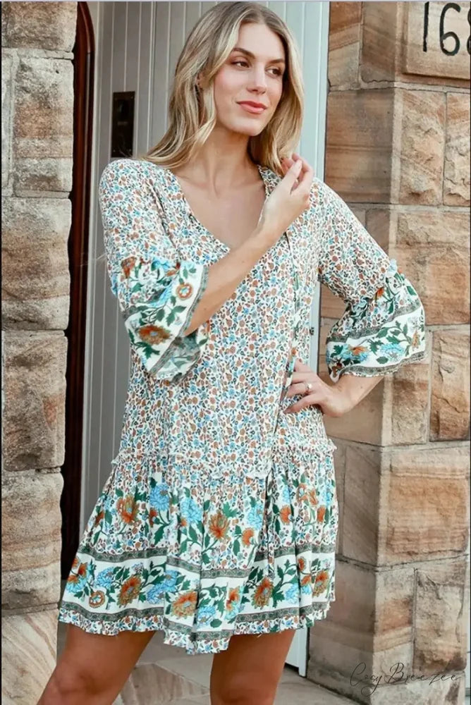Tie Neck Ruffles Floral Print Rayon Summer Mini Dress bohodress-250126