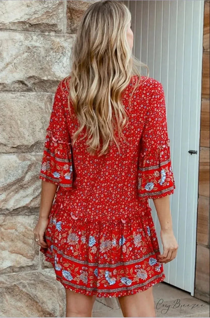 Tie Neck Ruffles Floral Print Rayon Summer Mini Dress Red / S bohodress-250126