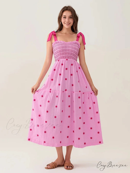Tie-Shoulder Flowers Tank Tiered Ruffle Sweetheart Dress Pink / S floraldress-250126