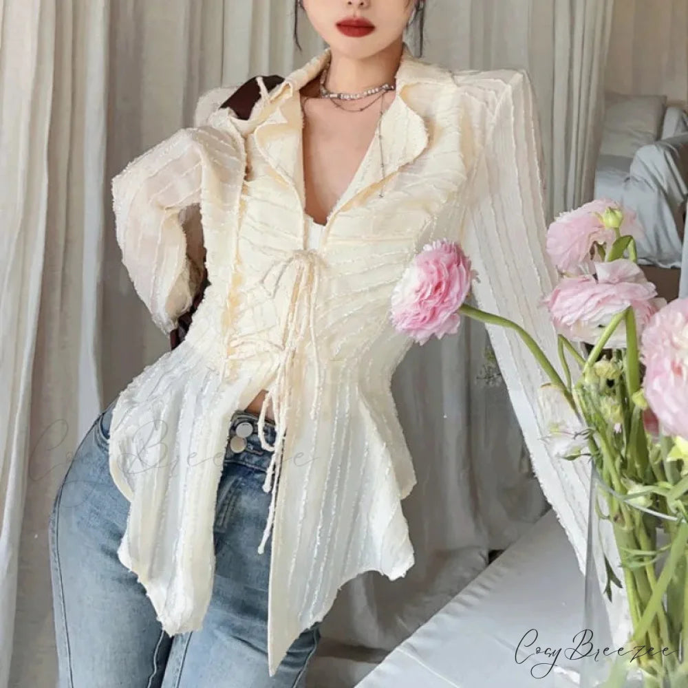 Tie-up Blouse Fold-down Collar Womens Blouse blouse-250126
