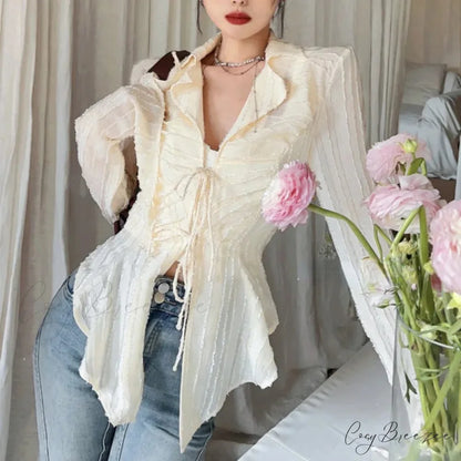 Tie-up Blouse Fold-down Collar Womens Blouse blouse-250126