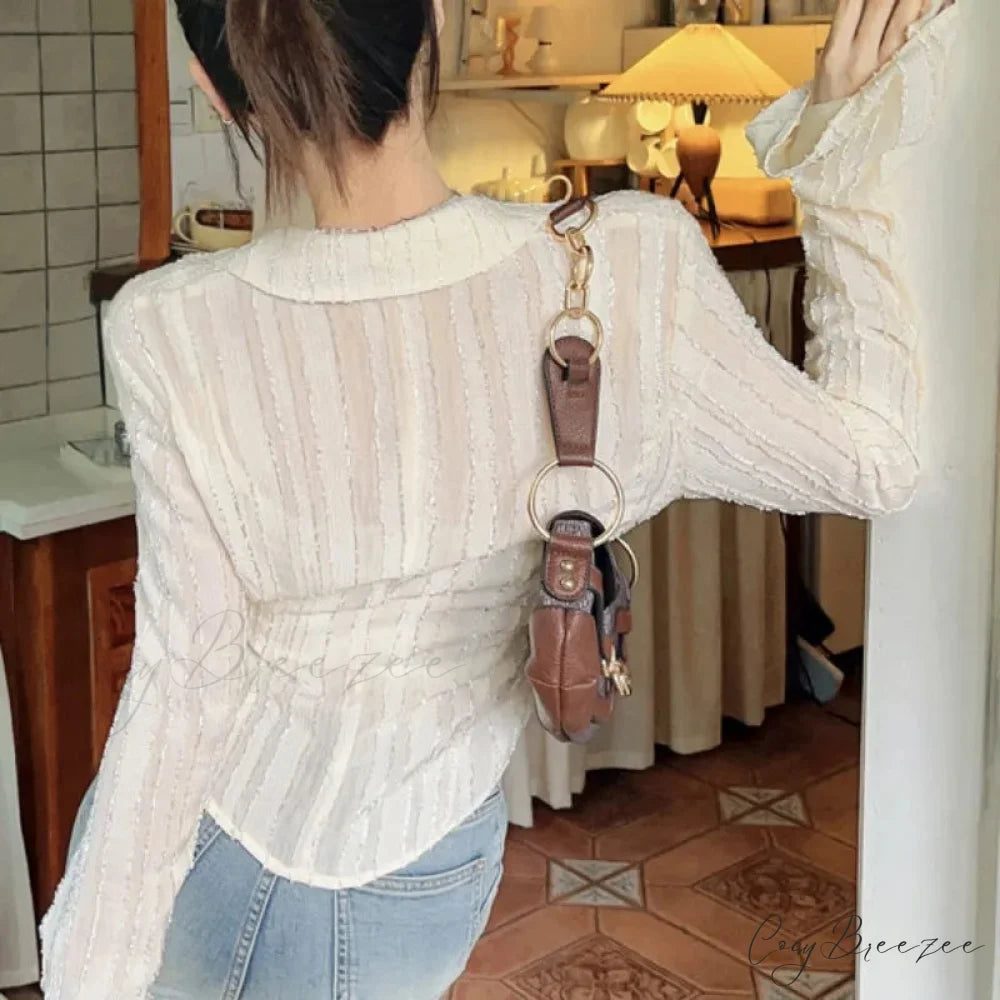 Tie-up Blouse Fold-down Collar Womens Blouse blouse-250126