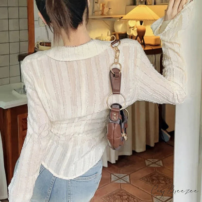 Tie-up Blouse Fold-down Collar Womens Blouse blouse-250126