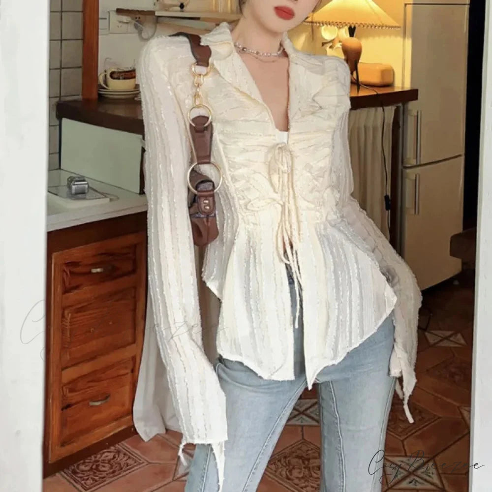 Tie-up Blouse Fold-down Collar Womens Blouse blouse-250126